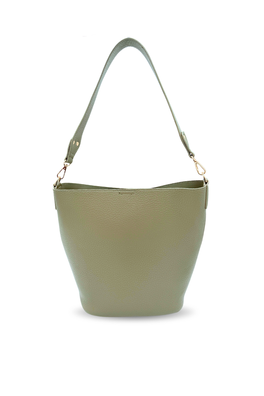 A green Modern+Chic vegan leather Sophie Bucket Bag for Women – on a white background.