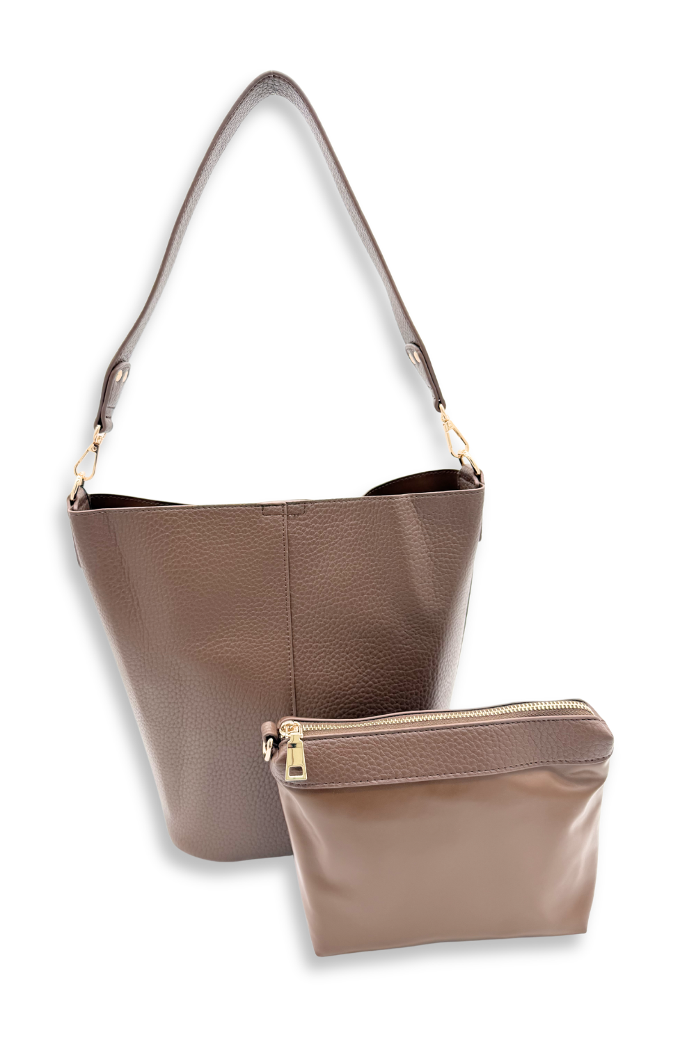 A brown Modern+Chic vegan leather Sophie Bucket Bag and coordinating zipper pouch for Women – on a white background.