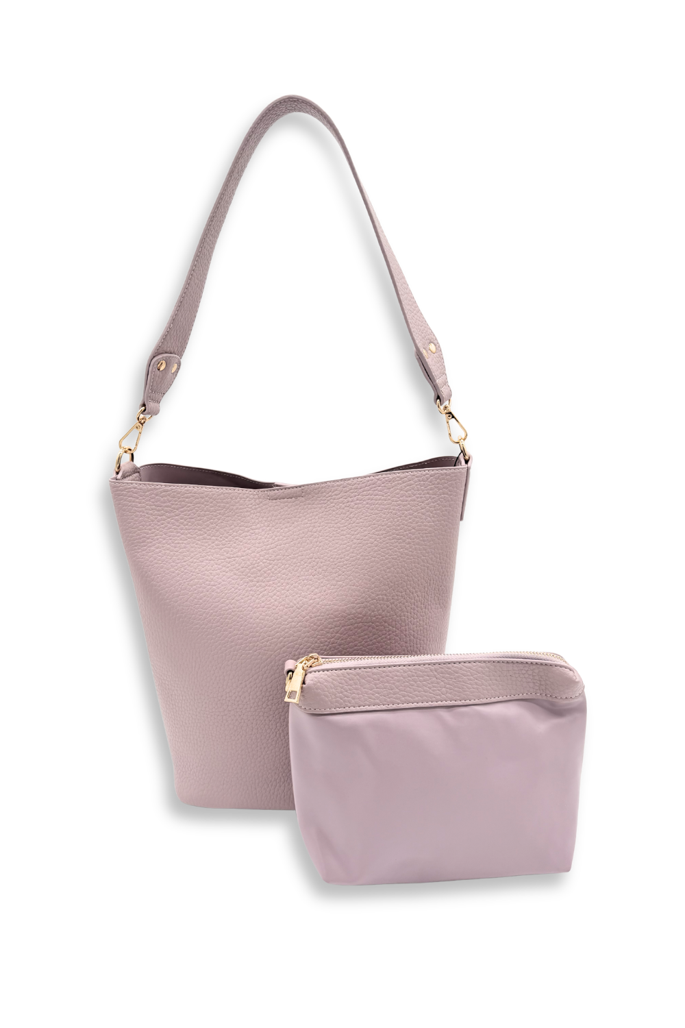 A light violet Modern+Chic Sophie Bucket Bag for Women – Vegan Leather on a white background.
