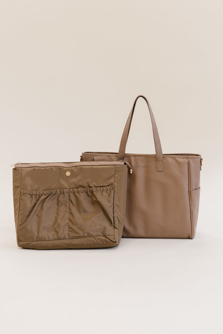 A taupe tote and matching insert.