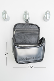 A clear hanging toiletry bag.