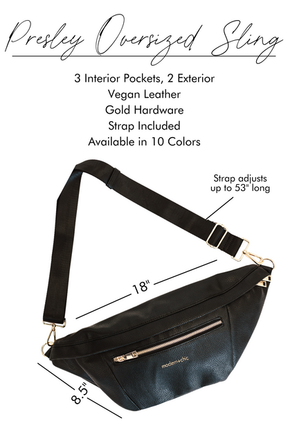 A graphic image showing the features and benefits of an oversized Modern+Chic Presley Oversized Sling Bag for Women with gold hardware. 