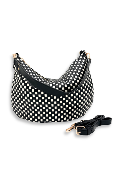 A black and white woven Modern+Chic Savannah Slouchy Tote – Women's Shoulder & Crossbody Bag on a white background. 