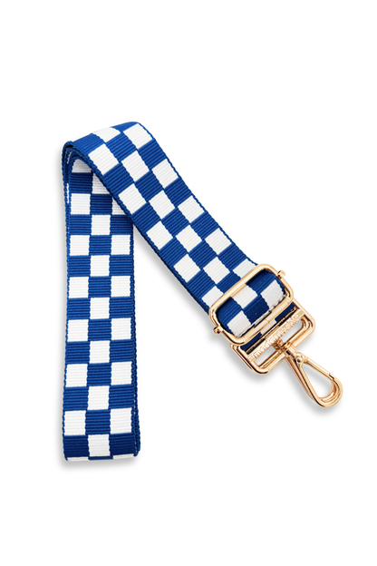 Blue and white Modern + Chic Lizzie Checkered Purse Strap for Crossbody Bags on a white background.