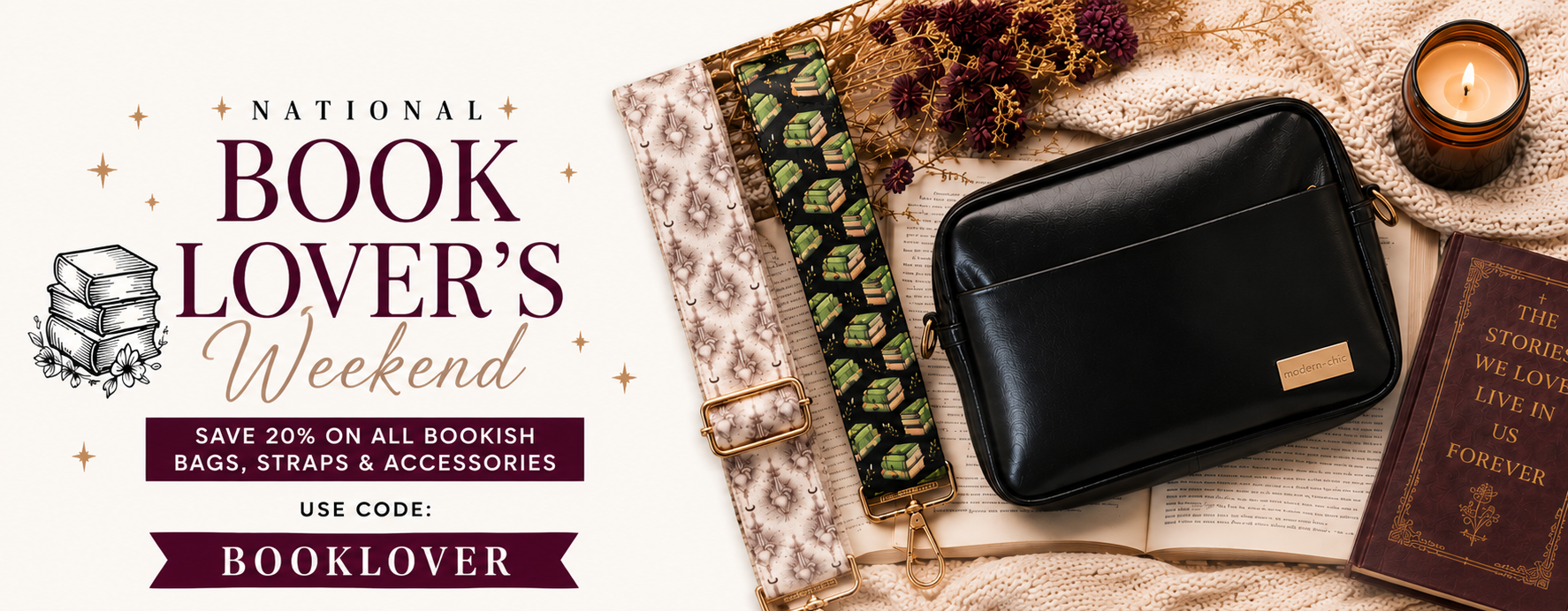 A promotional flat-lay for a book lover accessory bundle. The main product shown is a black faux-leather zip pouch with a small gold logo plaque, placed beside a patterned book strap, an open book, a candle, and a book on a cream fabric background.