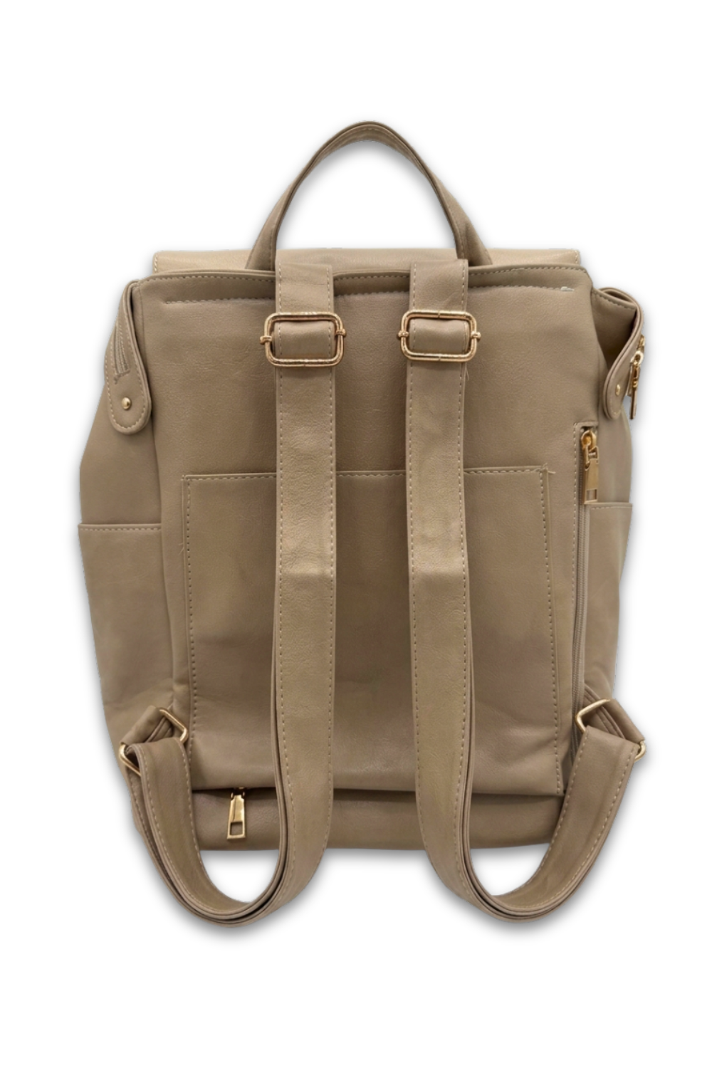 The back of a taupe colored Modern+Chic Brielle 2.0 Vegan Leather Convertible Backpack Purse for Women with gold hardware on a white background. 