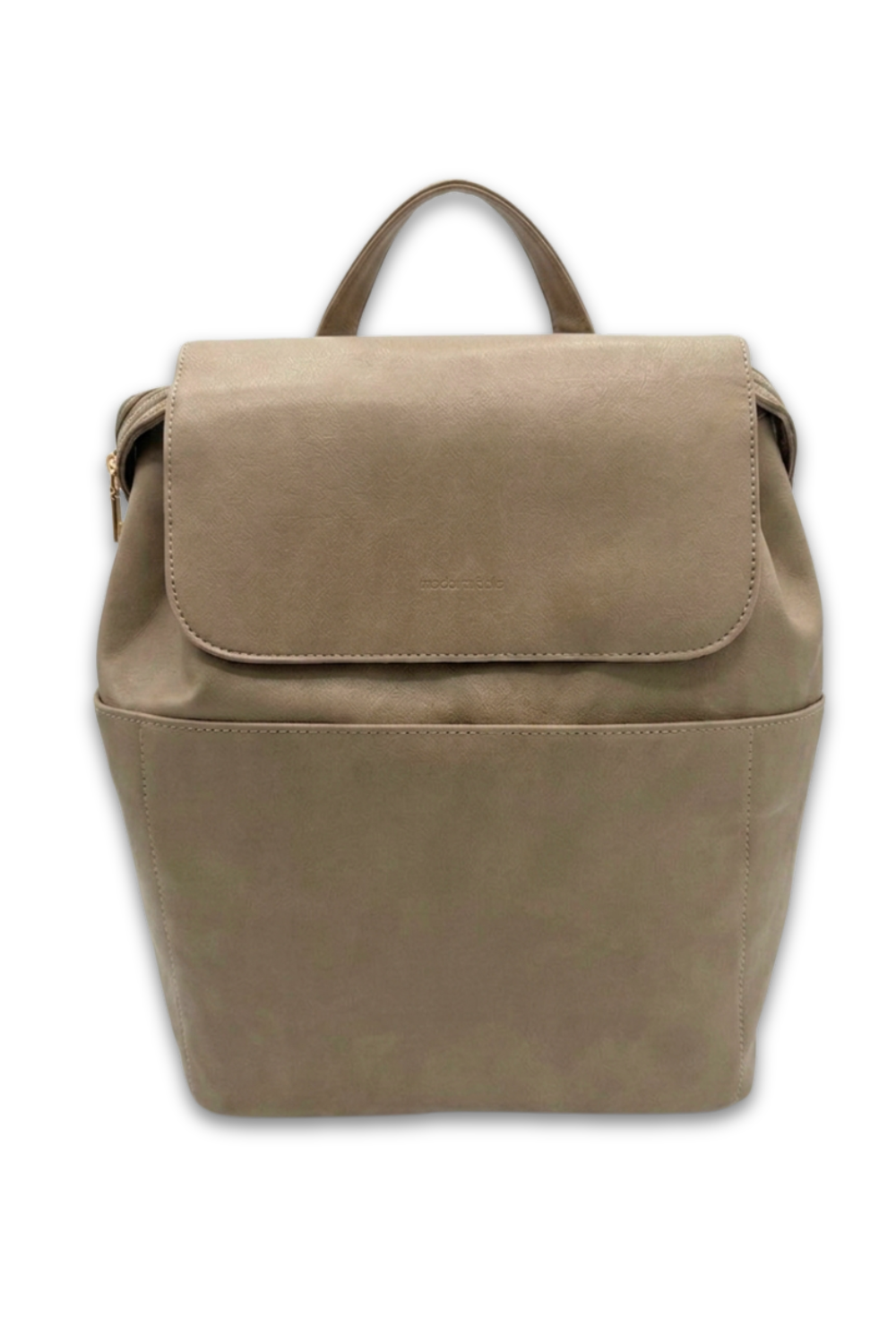 A taupe colored Modern+Chic Brielle 2.0 Vegan Leather Convertible Backpack Purse for Women on a white background. 