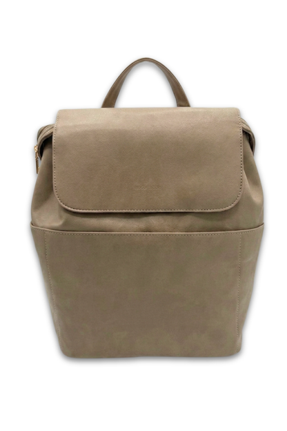 A taupe colored Modern+Chic Brielle 2.0 Vegan Leather Convertible Backpack Purse for Women on a white background. 