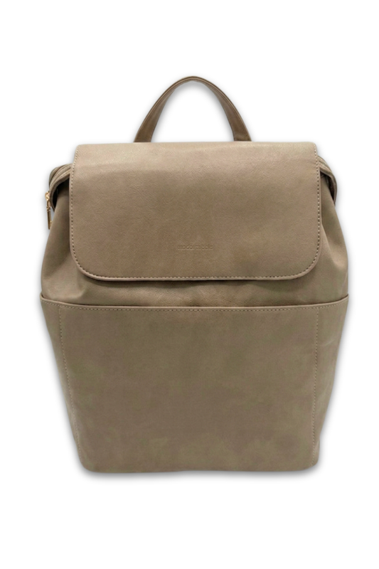 A taupe colored Modern+Chic Brielle 2.0 Vegan Leather Convertible Backpack Purse for Women on a white background. 