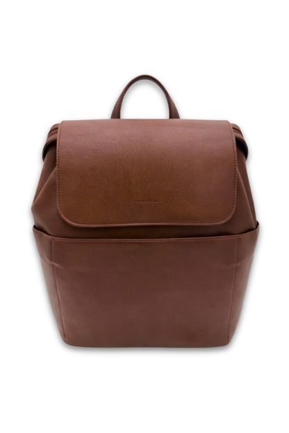 Dark Brown Modern+Chic Brielle 2.0 Vegan Leather Convertible Backpack Purse for Women on a white background. 