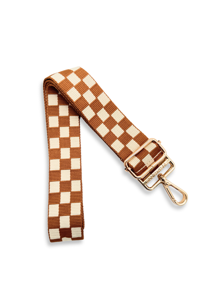Camel and white Modern + Chic Lizzie Checkered Purse Strap for Crossbody Bags on a white background.