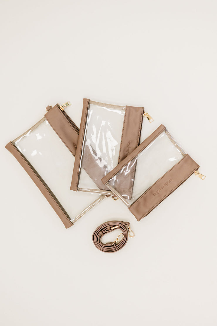 Three taupe vegan leather and clear PV bags.