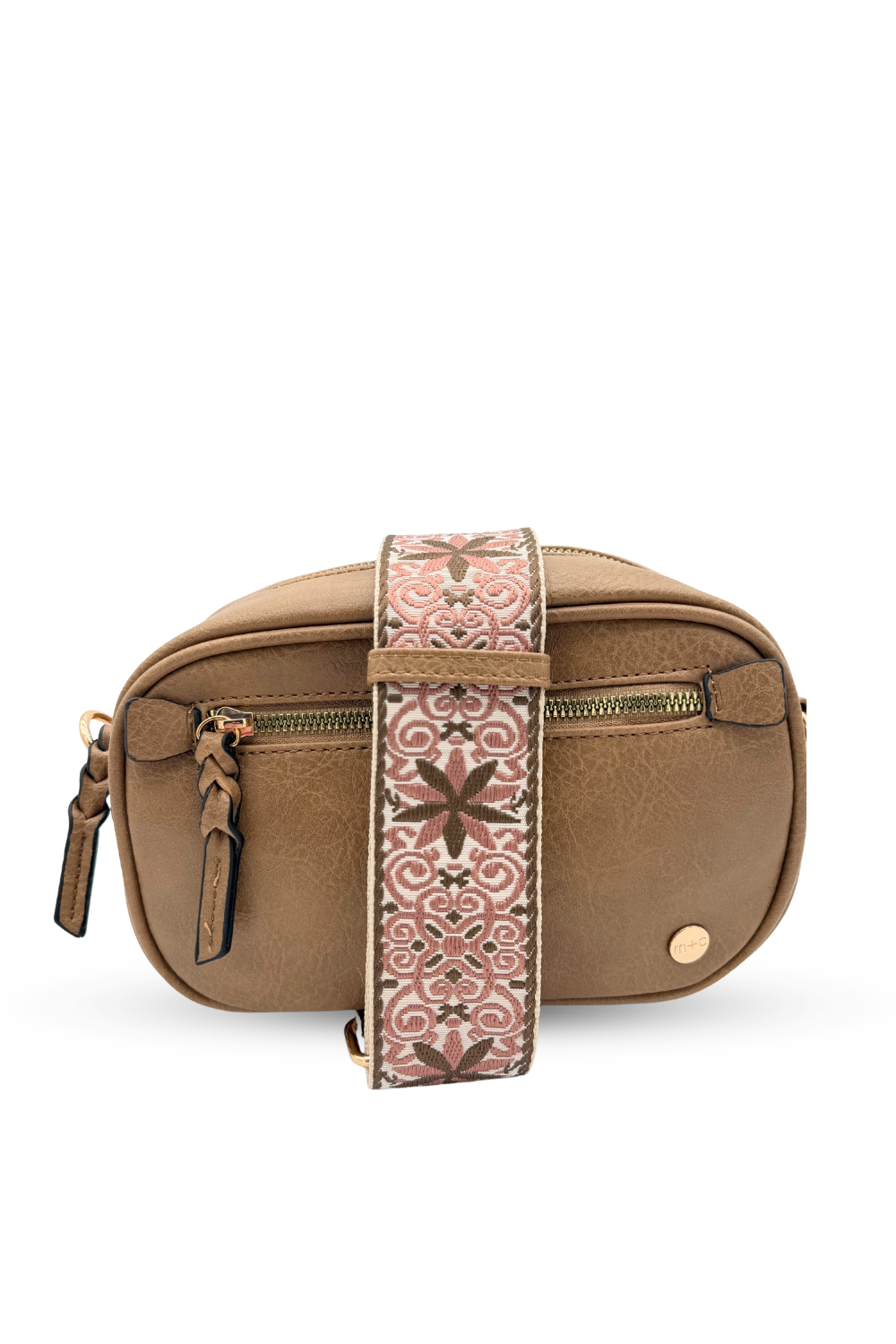 A beige Modern + Chic Gentry Vegan Leather Crossbody Bag on a white background.