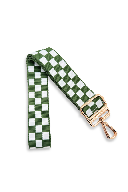 Green and white Modern + Chic Lizzie Checkered Purse Strap for Crossbody Bags on a white background.