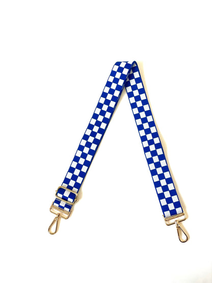 Blue and white Modern + Chic Lizzie Checkered Purse Strap for Crossbody Bags on a white background.