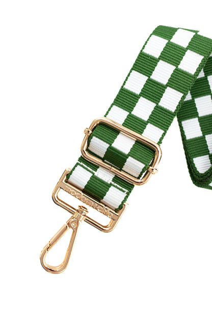 Green and white Modern + Chic Lizzie Checkered Purse Strap for Crossbody Bags on a white background.