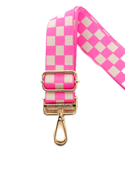 Hot pink and white Modern + Chic Lizzie Checkered Purse Strap for Crossbody Bags on a white background.