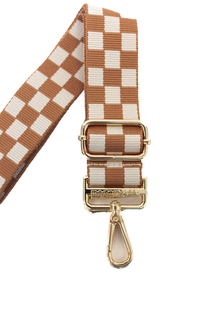 Tan and white Modern + Chic Lizzie Checkered Purse Strap for Crossbody Bags on a white background.