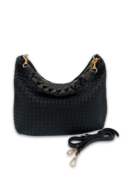 Black woven handbag with a strap on a white background