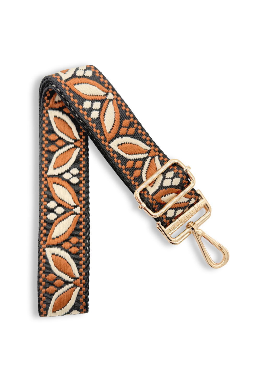 Patterned floral strap in a brown camel color with a gold clasp on a white background.