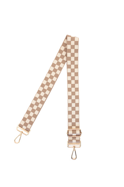 Tan and white Modern + Chic Lizzie Checkered Purse Strap for Crossbody Bags on a white background.