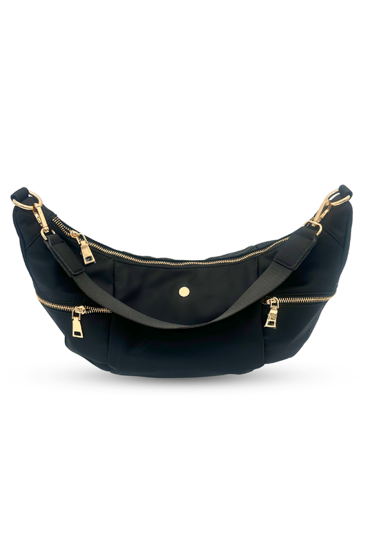 Black Modern + Chic Parker Crescent Crossbody Bag for Women on a white background.