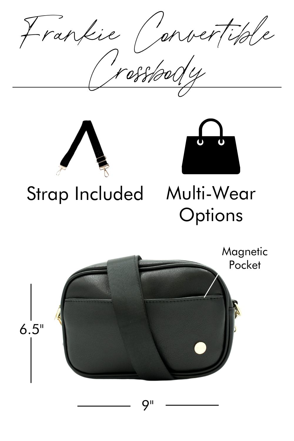 The Frankie can be worn multiple ways: as a belt bag, crossbody, fanny pack, and shoulder bag. It includes a detachable, adjustable strap.