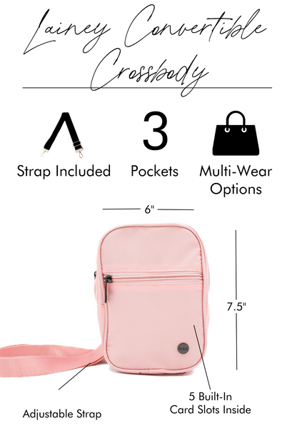 A graphic image showing a pink Modern + Chic Lainey Convertible Crossbody Bag for Women with the features and benefits called out.