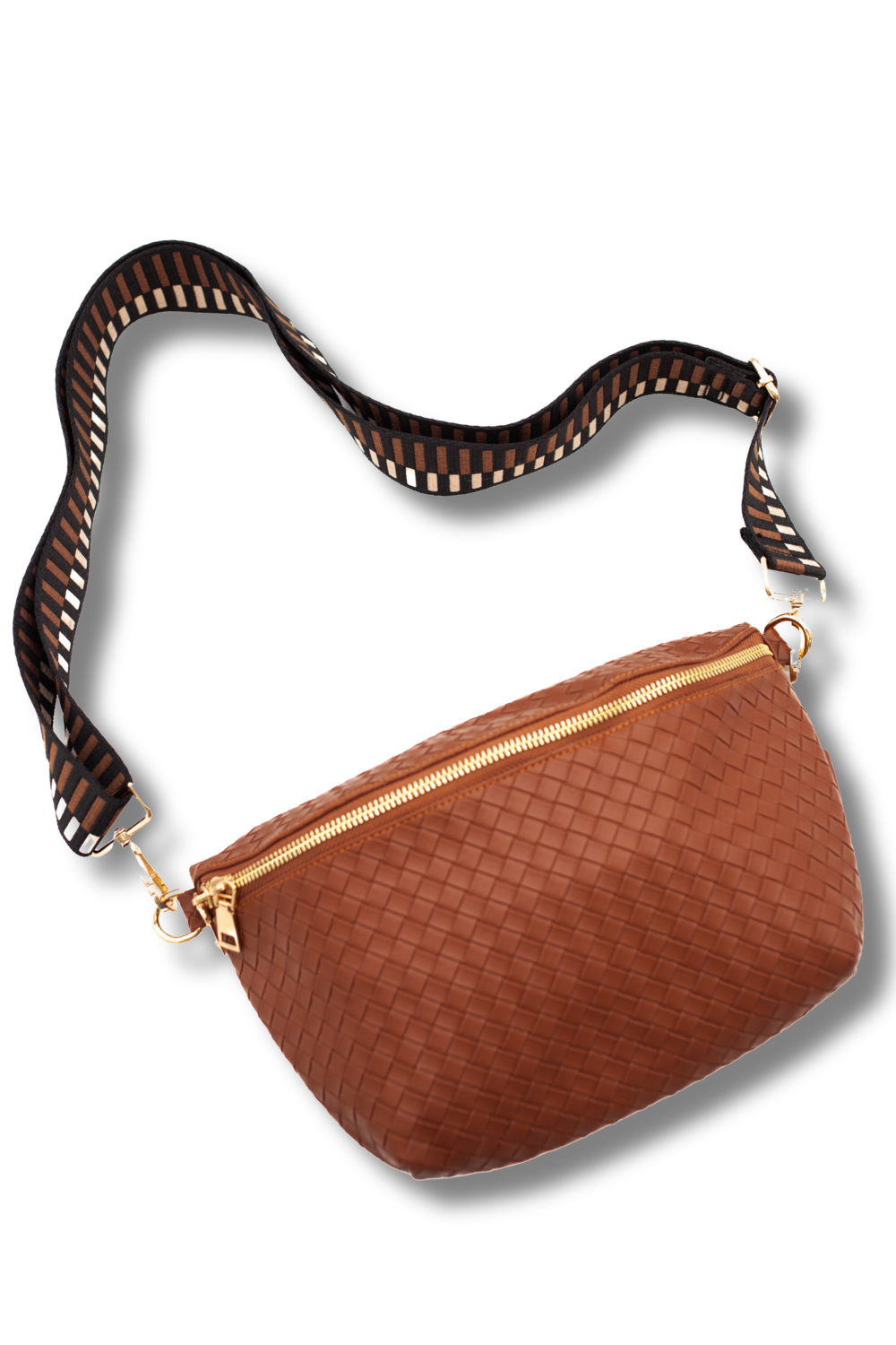 Brown textured handbag with a strap on a white background
