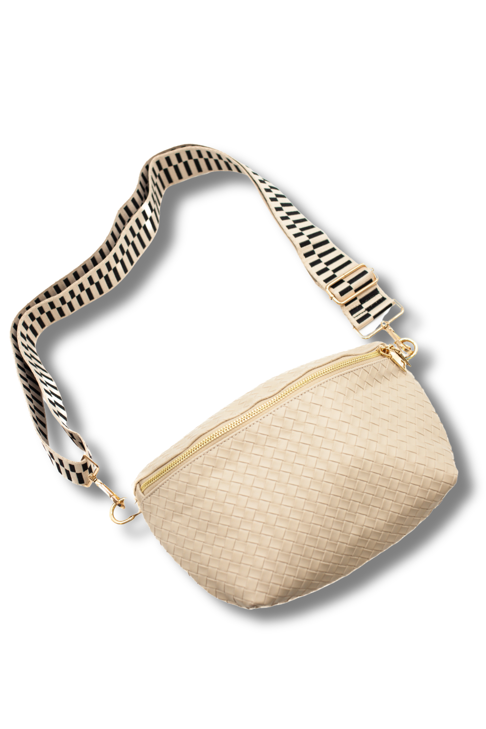 Beige woven waist bag with a patterned strap on a white background