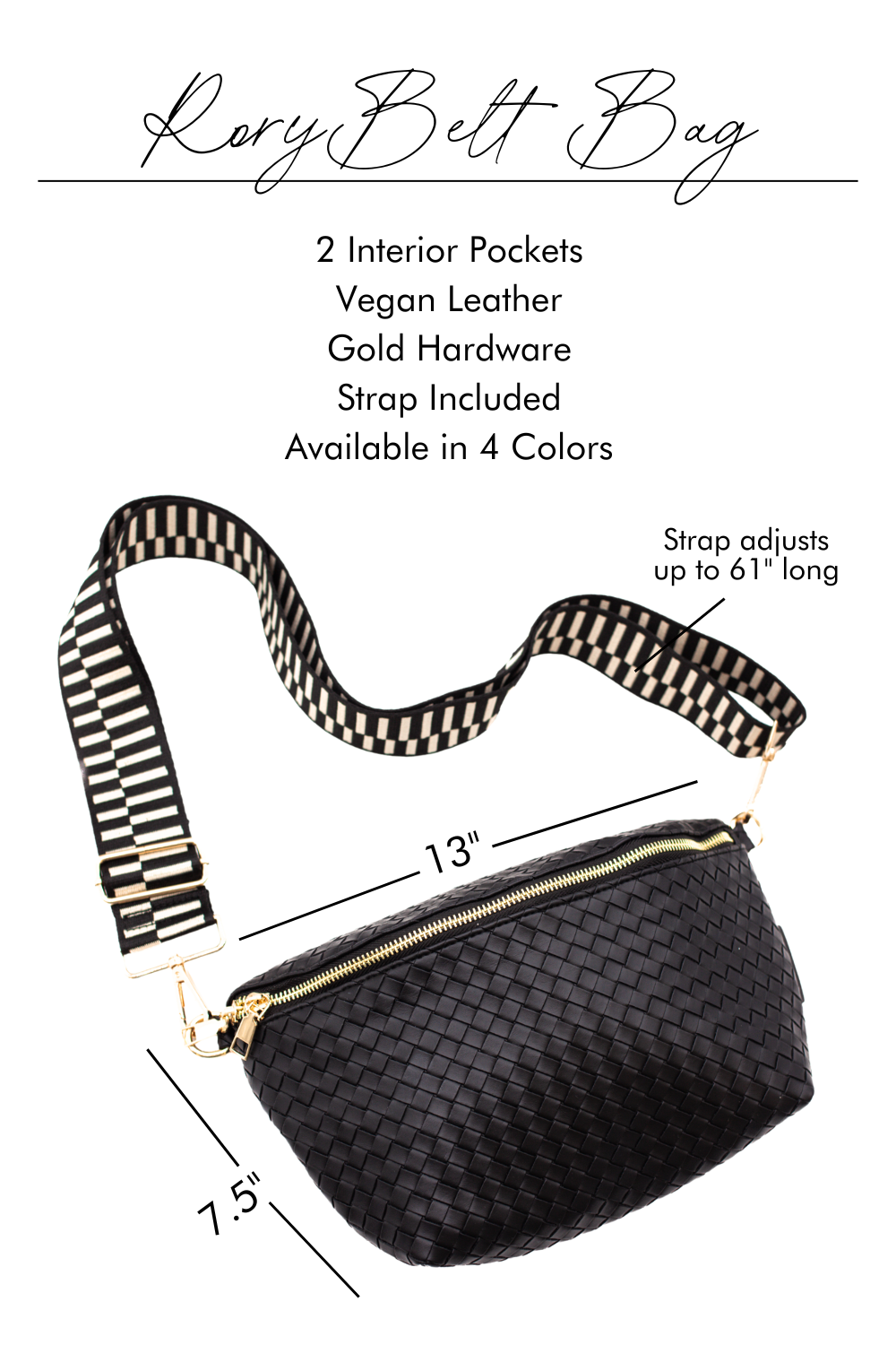 A graphic image pointing out the features and benefits of a black criss cross style Modern + Chic Rory Oversized Belt Bag for Women with a gold zipper and hardware crossbody.