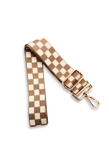 Tan and white Modern + Chic Lizzie Checkered Purse Strap for Crossbody Bags on a white background.