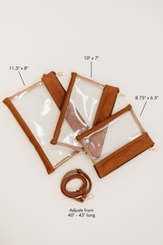 Three clear bags on a white backdrop with measurements displayed.