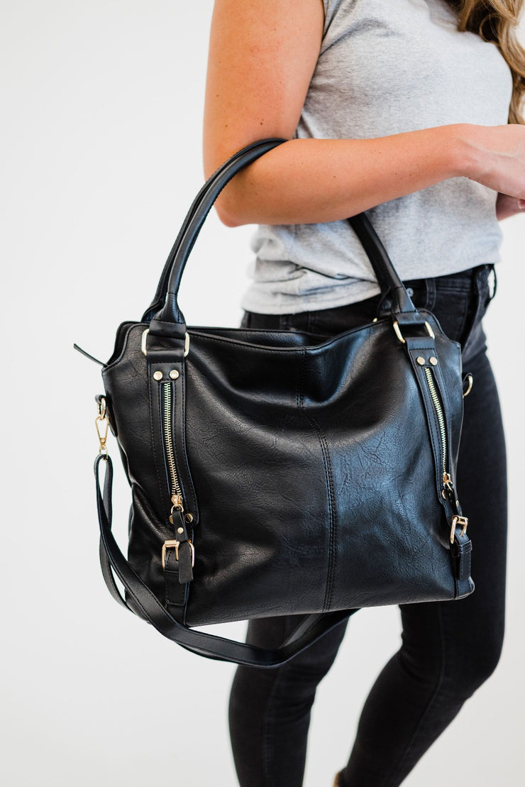 Bailey Black Faux Leather Buckle Detail Shoulder Bag | KoKo Couture |  SilkFred US