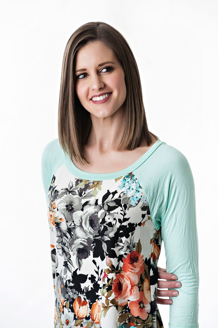 Raglan Baseball T with Floral and 3/4 sleeves - final sale