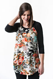 Raglan Baseball T with Floral and 3/4 sleeves - final sale